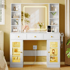 Xixini 43.4" Makeup Vanity Desk with LED Mirror, RGB Glass Cabinets, White