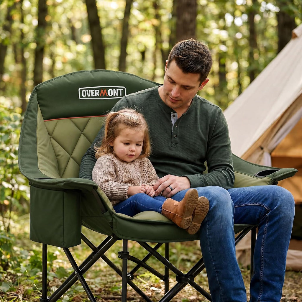 Overmont Oversized XL Camping Chair for Adults - 500lbs Support Heavy-Duty Padded Folding Chair with Side Pocket Cup Holder Cooling Bag for Outdoor Sports Garden Beach Fishing Lawn Green