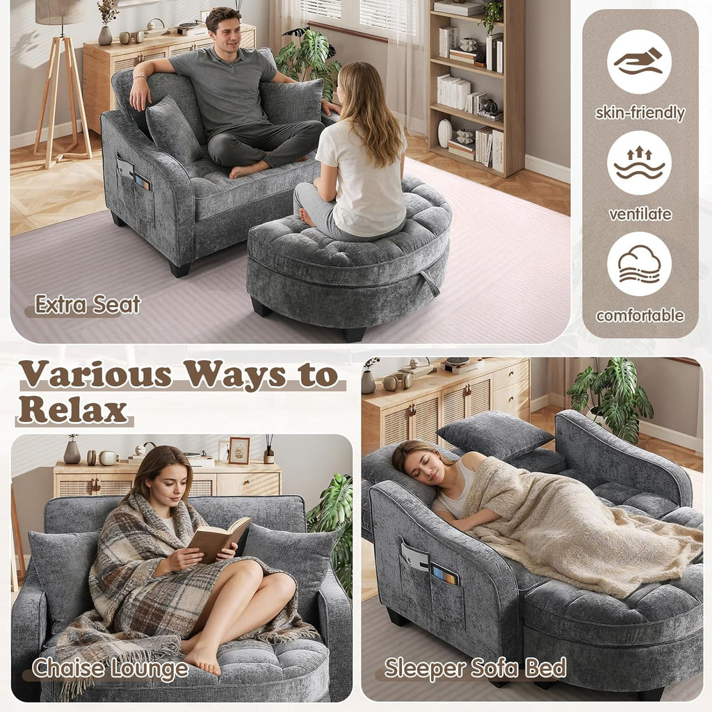 Oversized Chaise Lounge Chair Indoor with Ottoman, Chenille Tufted Comfy Loveseat Sofa Chair with Adjustable Backrest, Fluffy Recliner Sofa, Convertible Couch Sleeper Bed for Living Room(51"W, Grey)