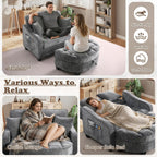 Oversized Chaise Lounge Chair Indoor with Ottoman, Chenille Tufted Comfy Loveseat Sofa Chair with Adjustable Backrest, Fluffy Recliner Sofa, Convertible Couch Sleeper Bed for Living Room(51"W, Grey)