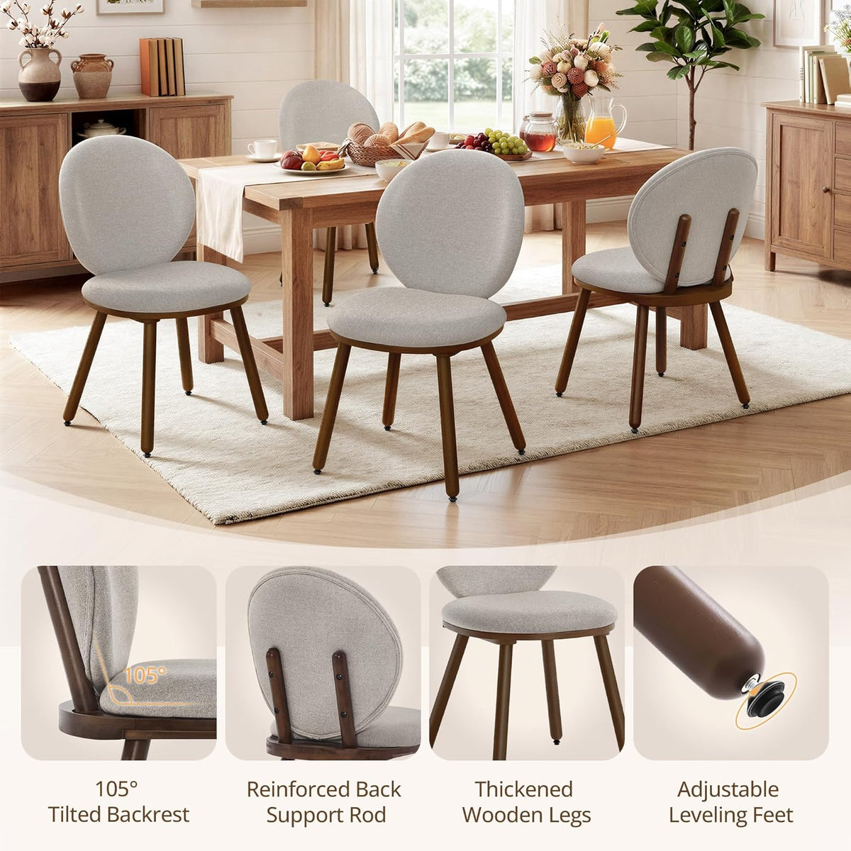 LUE BONA Dining Chairs Set of 4, Upholstered Fabric Kitchen Chairs with Dual-Spine Backrest, Kitchen Chair with Solid Wood Legs and Ergonomic Curved Seat, Easy Assembly for Kitchen Dining Room, Gray