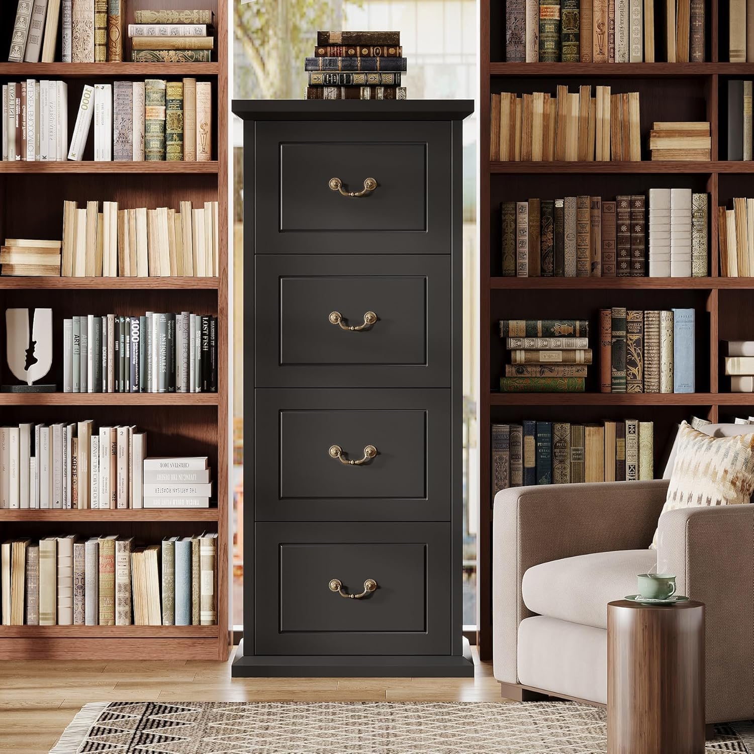 Tribesigns 4-Drawer File Filing Cabinet, Vertical Office File Cabinet,Black | Wooden Filing Cabinet for Legal/A4/Letter Size, Narrow Tall File Storage with Adjustable Hanging Rods for Home Office