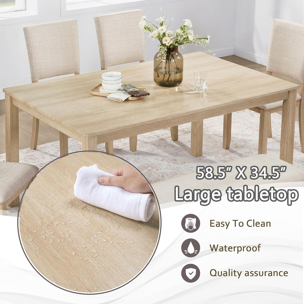 VilroCaz Farmhouse 6 Piece Dining Table Set, Wooden Rectangular Kitchen Table Set with 4 Upholstered Chairs and Bench for Living Room, Kitchen, Dining Room
