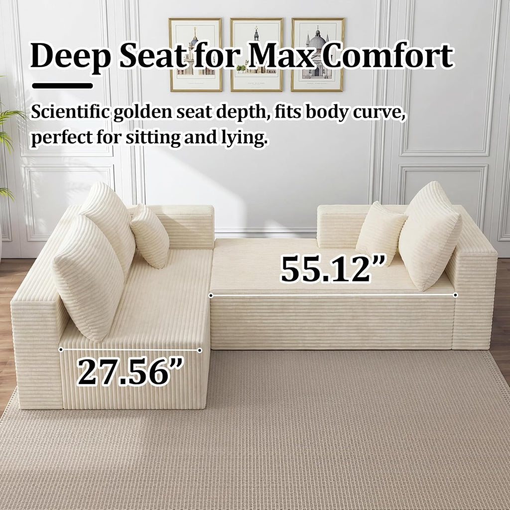 118" U-Shaped Modular Sectional Sofa Set,Soft Corduroy Cloud Couch with Chaise & Ottoman,Deep Seat Couches for Living Room,No-Assembly - Beige (Left Facing Chaise)