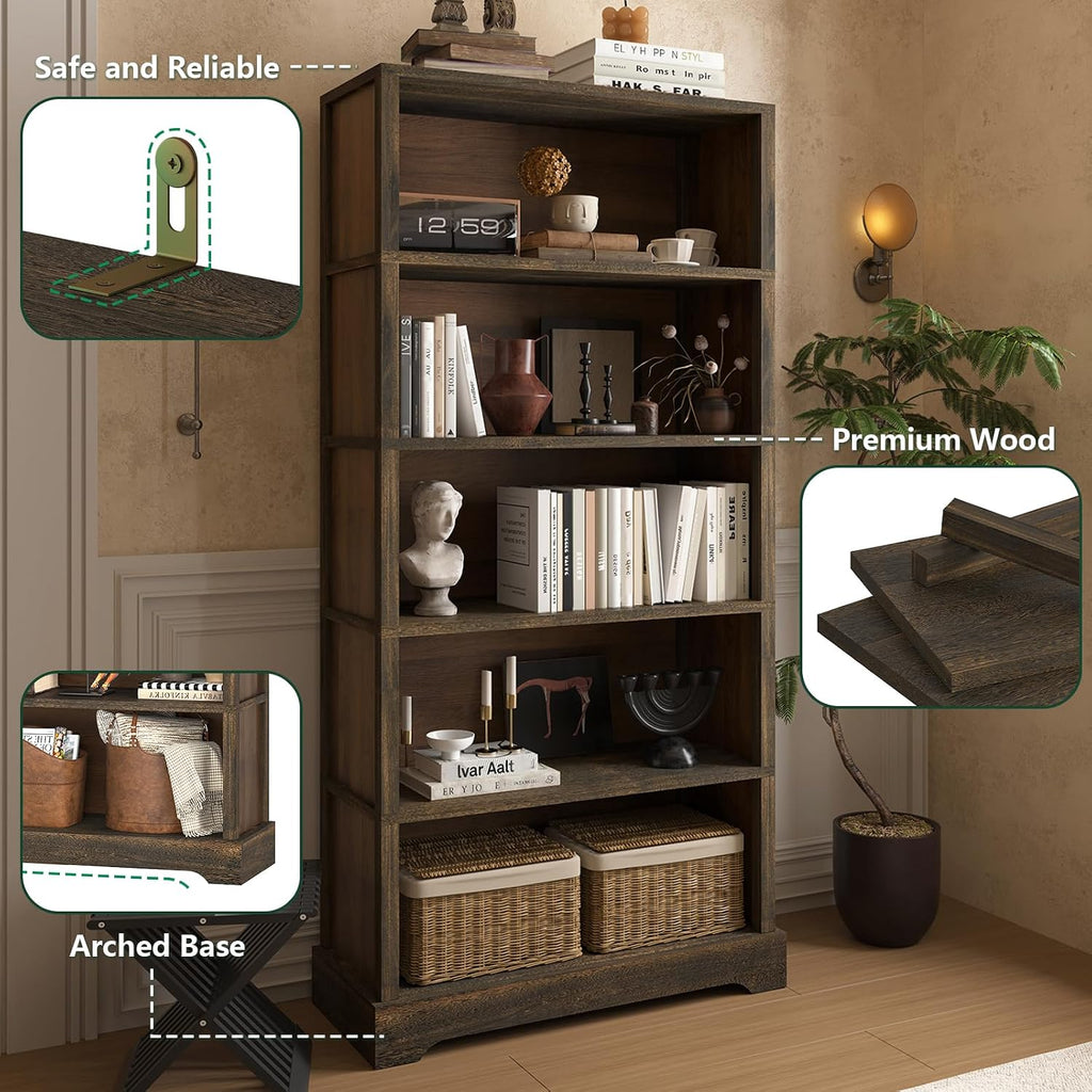 TVU 5 Tiers Wooden Bookshelf, 65.2" Tall Farmhouse Style Open Bookcase, 31.5" Wide Standing Book Shelf with Storage for Study Room, Living Room, Walnut Brown