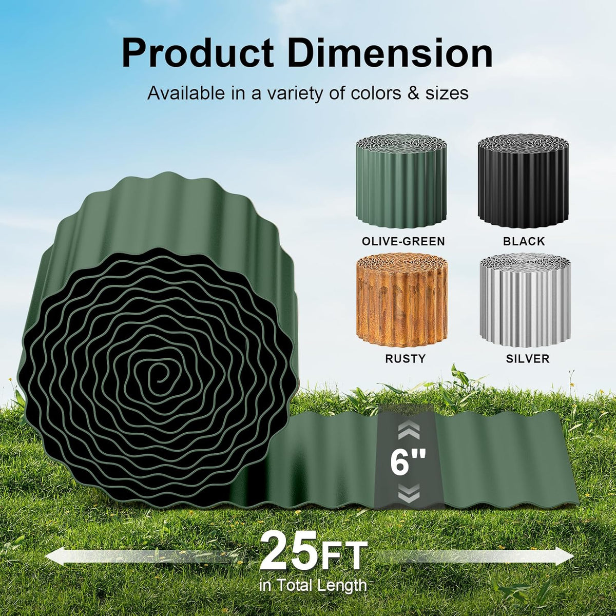 Land Guard Corrugated Metal Garden Edging, 6"×25Ft Steel Landscape Edging, Corrugated Metal Yard Edging Borders, Steel Edging for Landscaping, Garden Fence, Lawn, Flower Bed (Olive-Green)