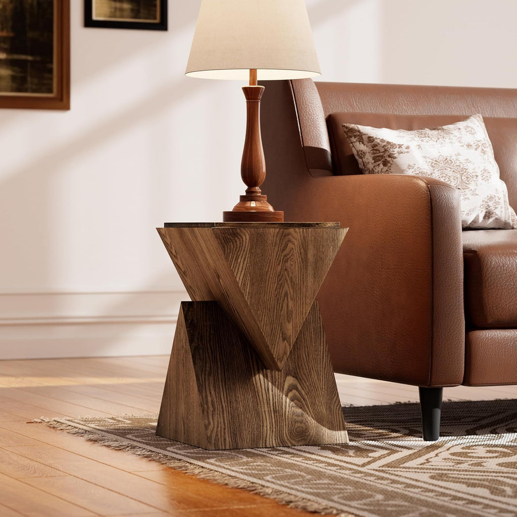 COZAYH Modern Geometric Wood Grain End Table, Fully Assembled, Brown | Farmhouse Structural Design Side Table with Sculptural Pedestal Base for Living Room, Bedroom, Office