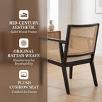 VESCASA Rattan Dining Chairs with Armrest, Padded Upholstered Linen Cream Cushion Dining Chairs with Wood Legs for Dining Room, Kitchen, Set of 4, Black Frame