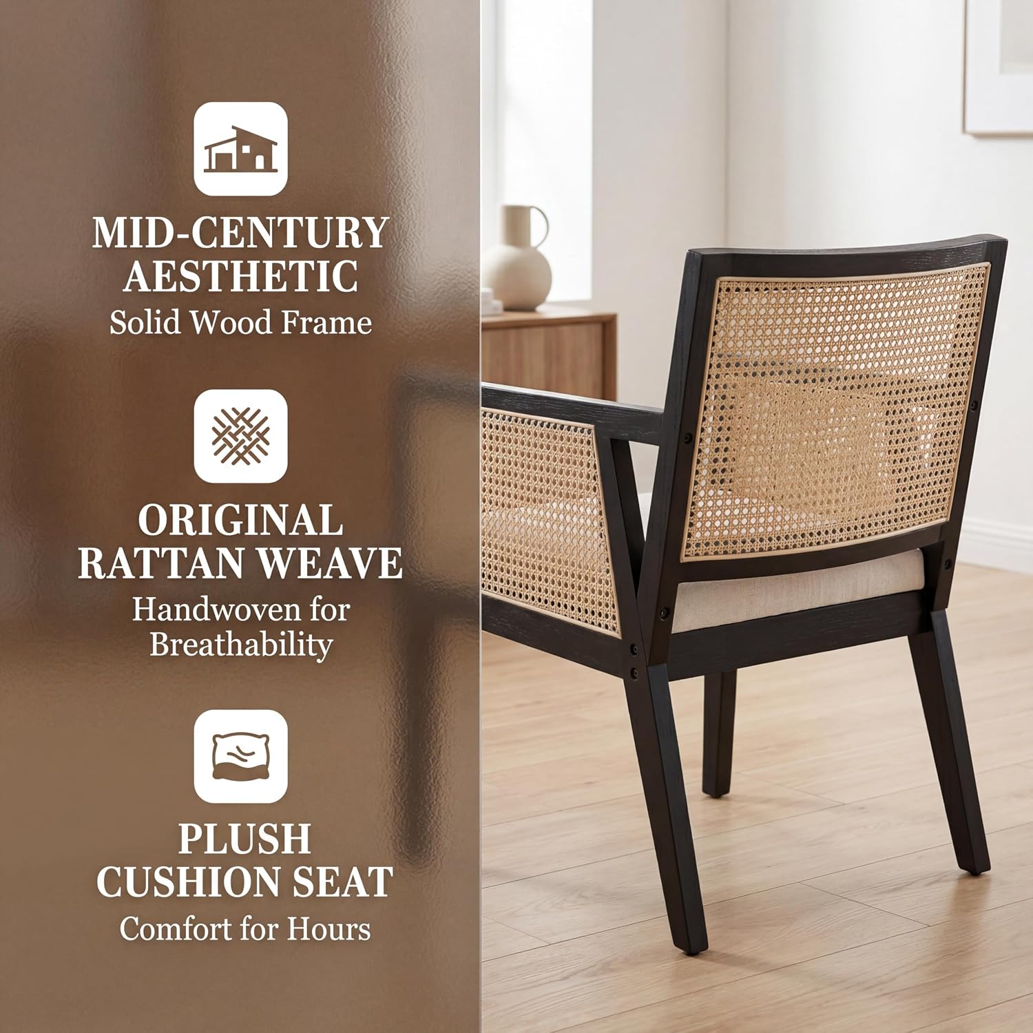 VESCASA Rattan Dining Chairs with Armrest, Padded Upholstered Linen Cream Cushion Dining Chairs with Wood Legs for Dining Room, Kitchen, Set of 4, Black Frame