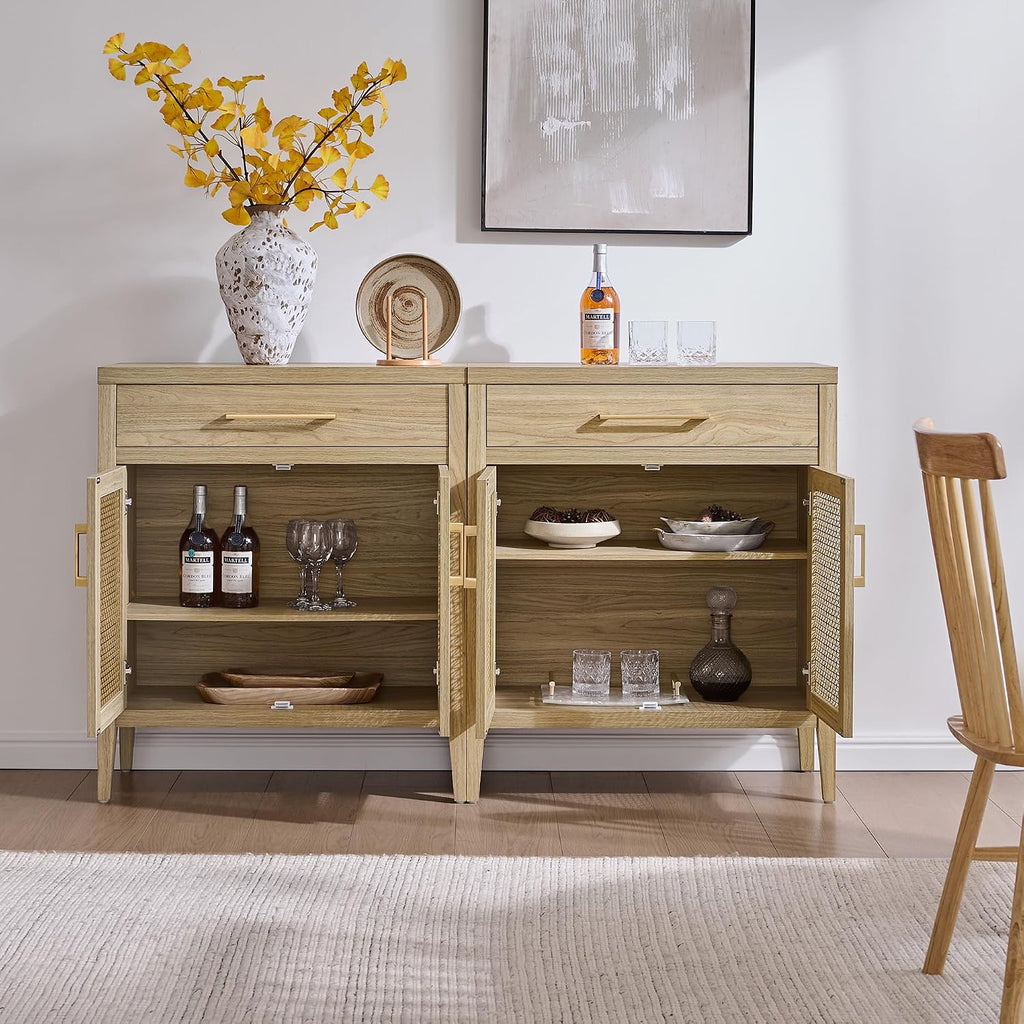 SICOTAS 30" Kitchen Sideboard Buffet Cabinet with Storage, Modern Farmhouse Coffee Bar Table with Adjustable Shelf & Gold Mesh Doors, Storage Cabinet with Drawer for Living Room Entryway, Light Walnut