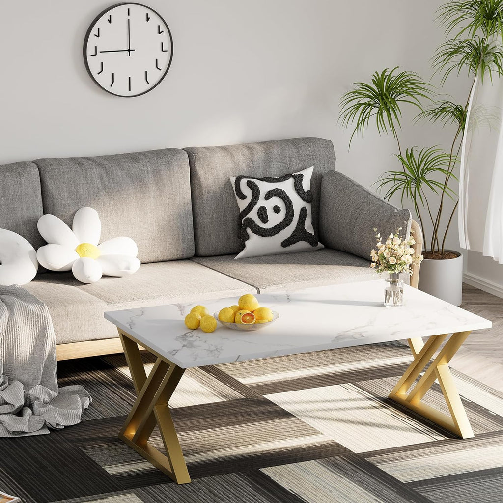 Wolawu Coffee Table Living Room Table White Center Table, Modern Faux Marble Rectangular Tea Tables with Sturdy Gold Metal Frame,Industrial Wooden Coffee Table for Bedroom Home Office