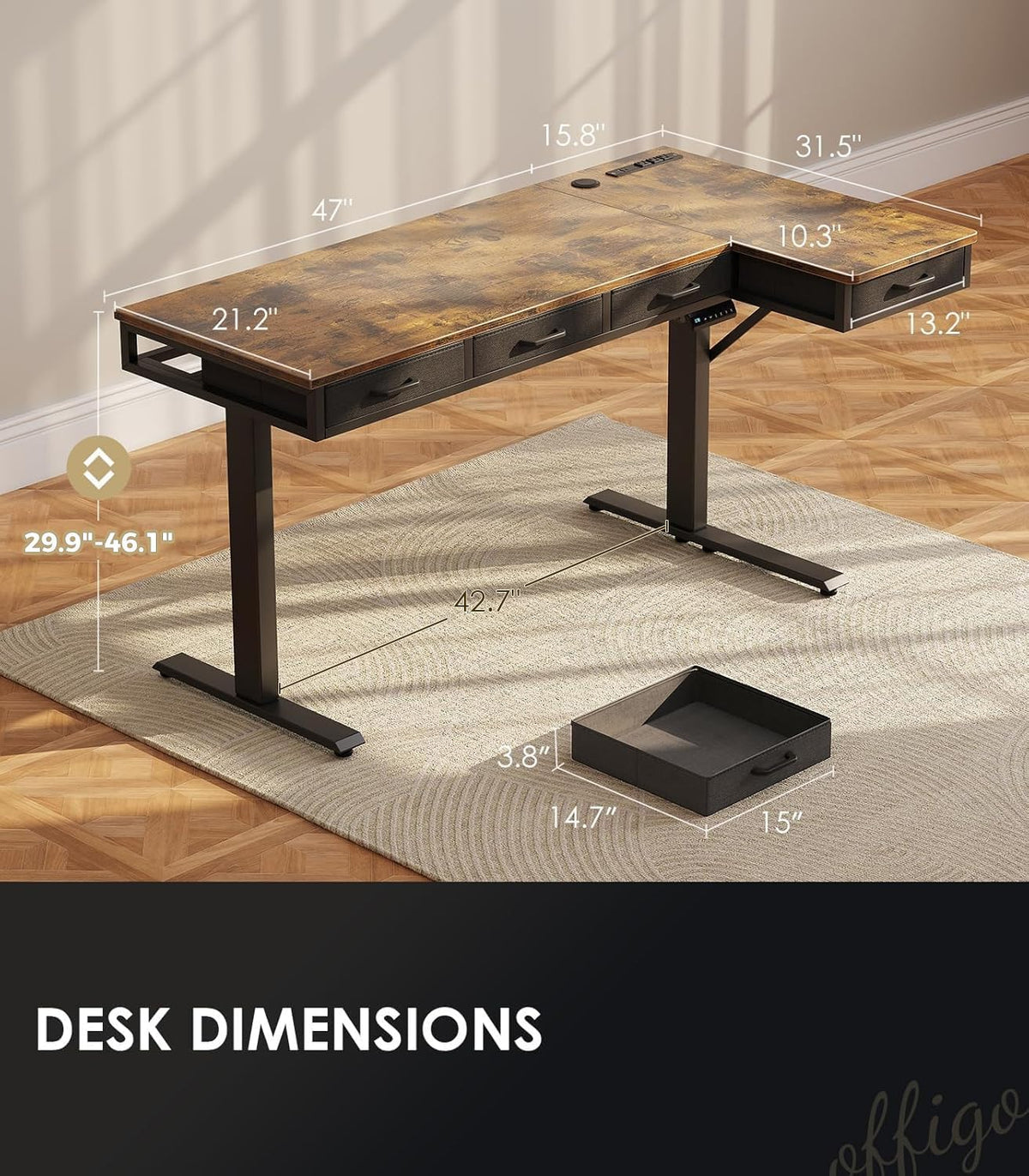 OffiGo 63 Inch L Shaped Electric Standing Desk with 4 Drawers, Rustic Brown | Reversible Corner Table, Office Desk With 4 Drawers and Outlets For Home Office, Computer Workstation And Sit Stand Use