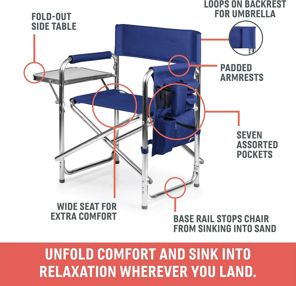 Picnic TIME Sports Chair with Side Table and Armrest Caddy, Lightweight Aluminum Folding Outdoor Camping Chair for Adults, Portable Director Style Lawn Seating, (Marine Stripe with Navy Blue Frame)