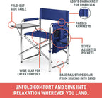 Picnic TIME Sports Chair with Side Table and Armrest Caddy, Lightweight Aluminum Folding Outdoor Camping Chair for Adults, Portable Director Style Lawn Seating, (Marine Stripe with Navy Blue Frame)