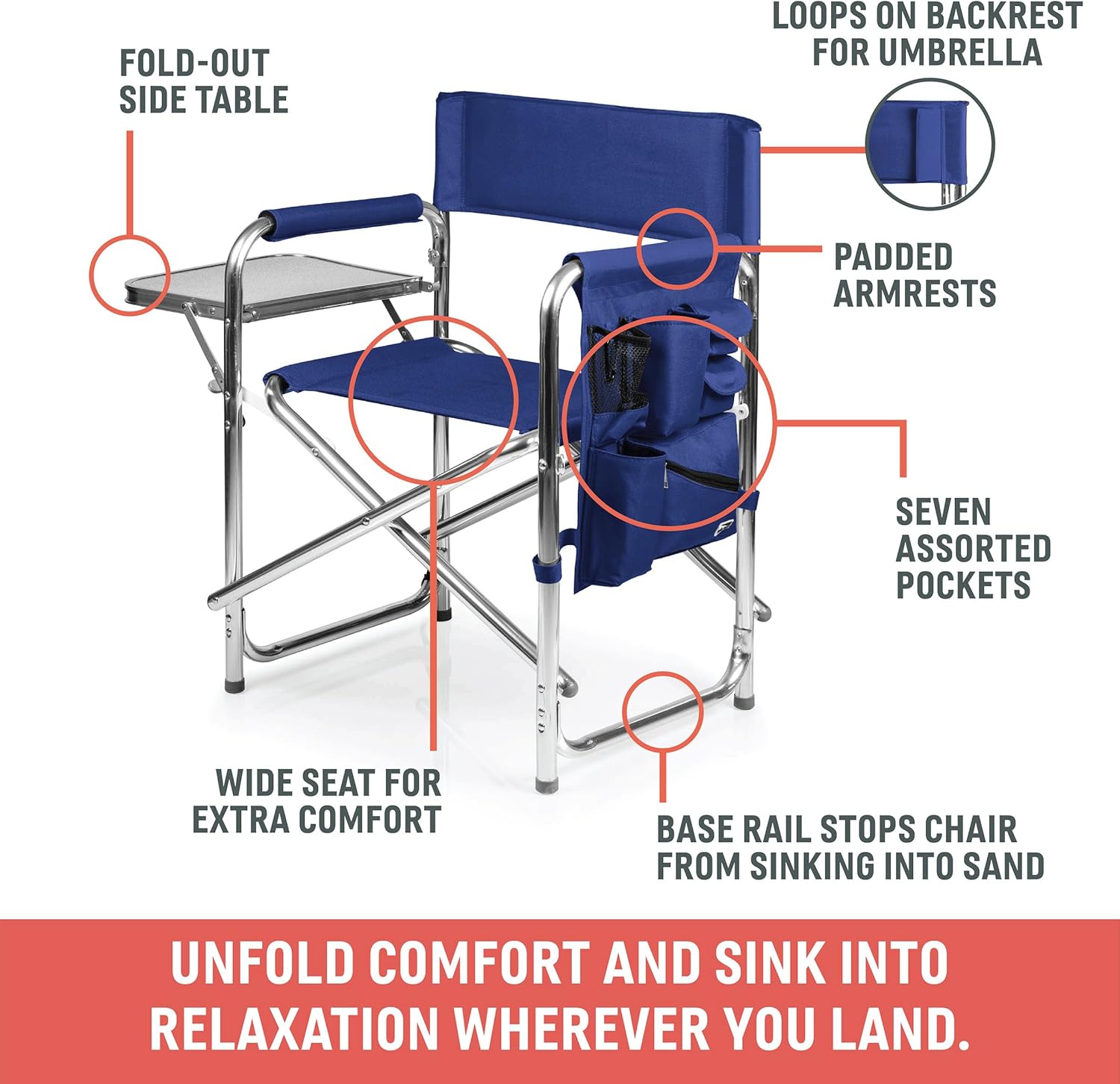 Picnic TIME Sports Chair with Side Table and Armrest Caddy, Lightweight Aluminum Folding Outdoor Camping Chair for Adults, Portable Director Style Lawn Seating, (Marine Stripe with Navy Blue Frame)