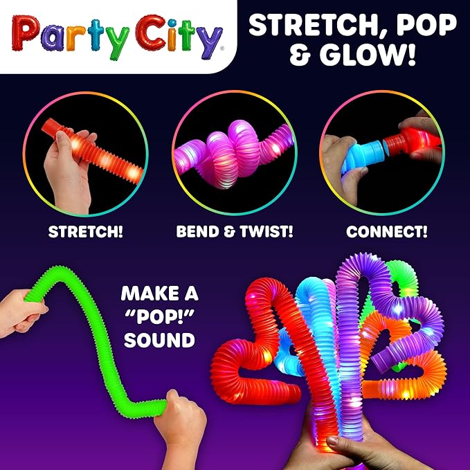 Party City 12pk LED Light Up Pop Tubes 25”- 3 Mode Stretchy Tubes LED Light Up Toys Bulk Glow Sticks Party Favors for Kids Necklaces Bracelets Neon Glow in the Dark Supplies Fidget Sensory Tube Pack
