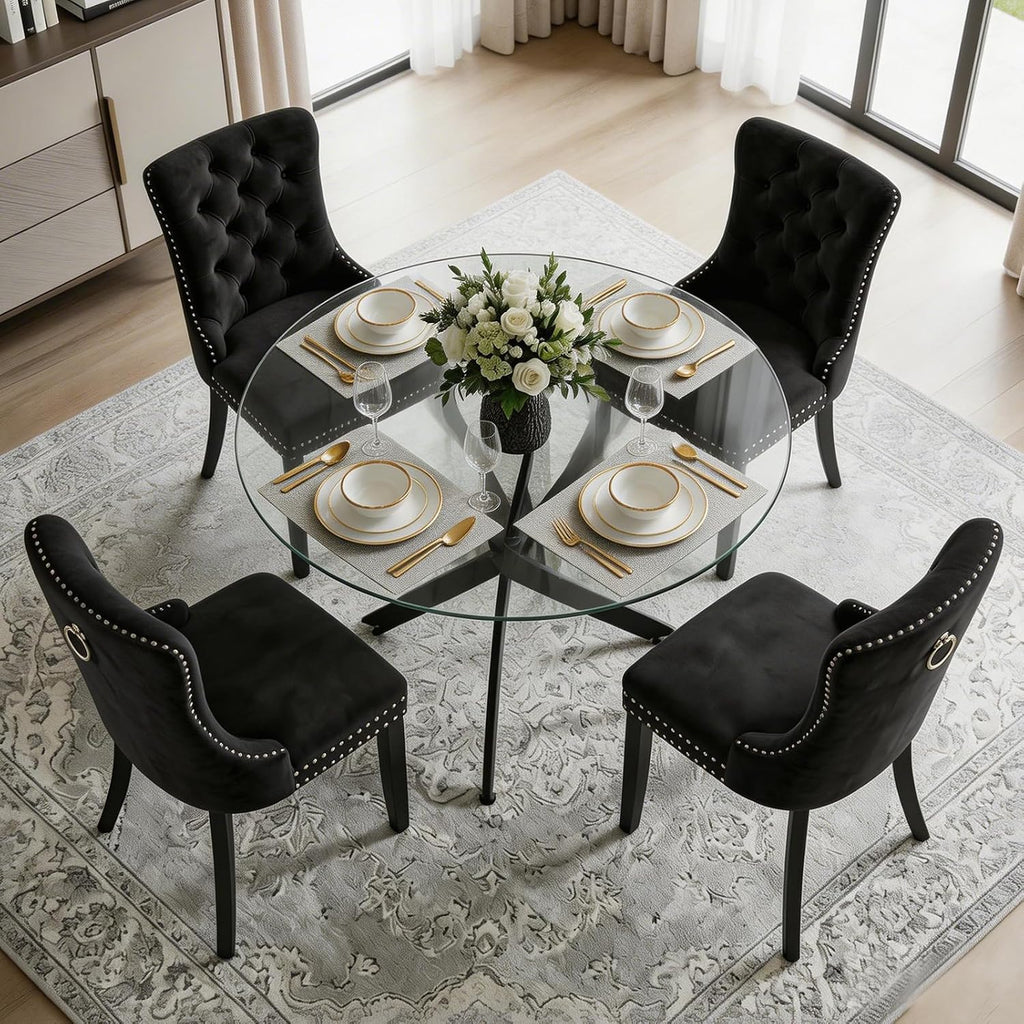Dining Table Set for 4, Round Glass Kitchen Table with 4 Black Upholstered Velvet Accent Chairs, 5-Piece Modern Dining Room Set for Kitchen, Apartment, Small Spaces
