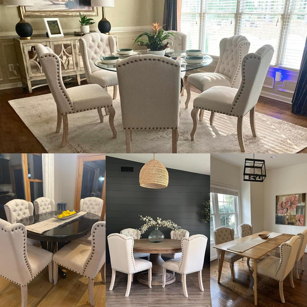 chairus Tufted Parsons Dining Chairs Set of 6, French Country Upholstered Dining Room Chairs with Nailhead Trim & Curved Wood Legs, Farmhouse High Back Armless Side Kitchen Chairs, Beige Linen