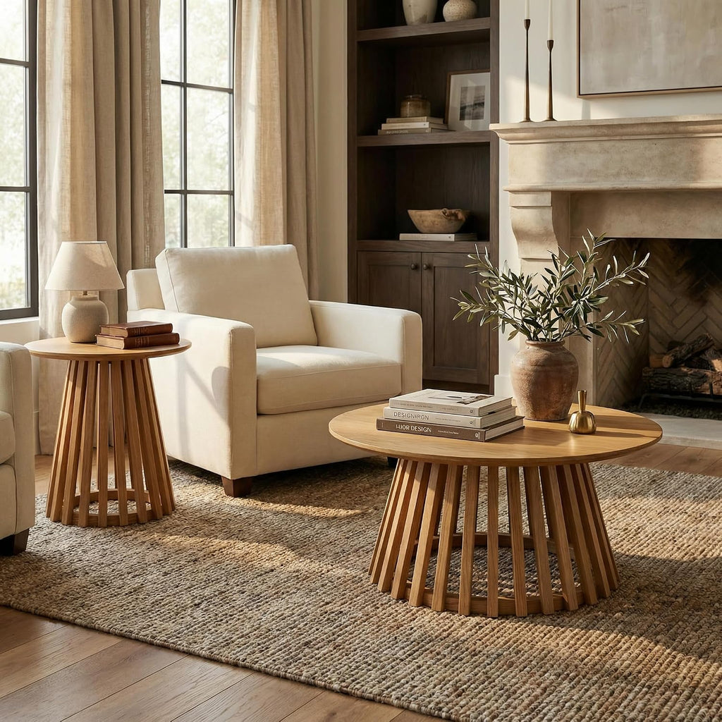 DUOMAY Modern Solid Round Side Table with Geometric Base, Natural Wood Accent End Table Center Table for Living Room, Bedroom, Lounge, Office, Log Color