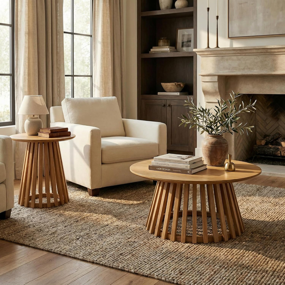 DUOMAY Modern Solid Round Side Table with Geometric Base, Natural Wood Accent End Table Center Table for Living Room, Bedroom, Lounge, Office, Log Color