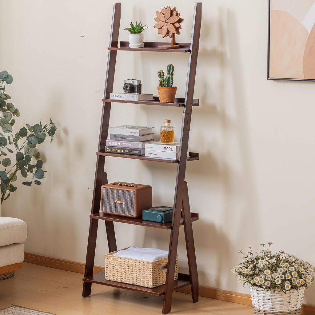 DOUSY-5-Tier Ladder Shelf Bookcase, Bamboo Ladder Bookshelf Leaning Book Shelf, Freestanding Storage Shelf Boho for Living Room, Home Office, Bedroom, Balcony, Dark Walnut