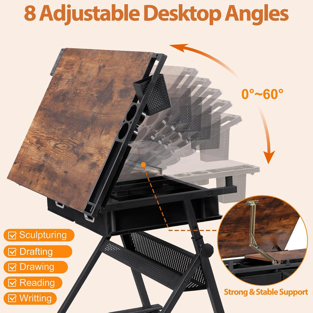 SUPER DEAL Drafting Table Set with Charging Station, Height Adjustable Tilting Drawing Desk Artist Desk with Stool Multifunctional Art Craft Workstation with 2 Storage Drawers for Home Office School