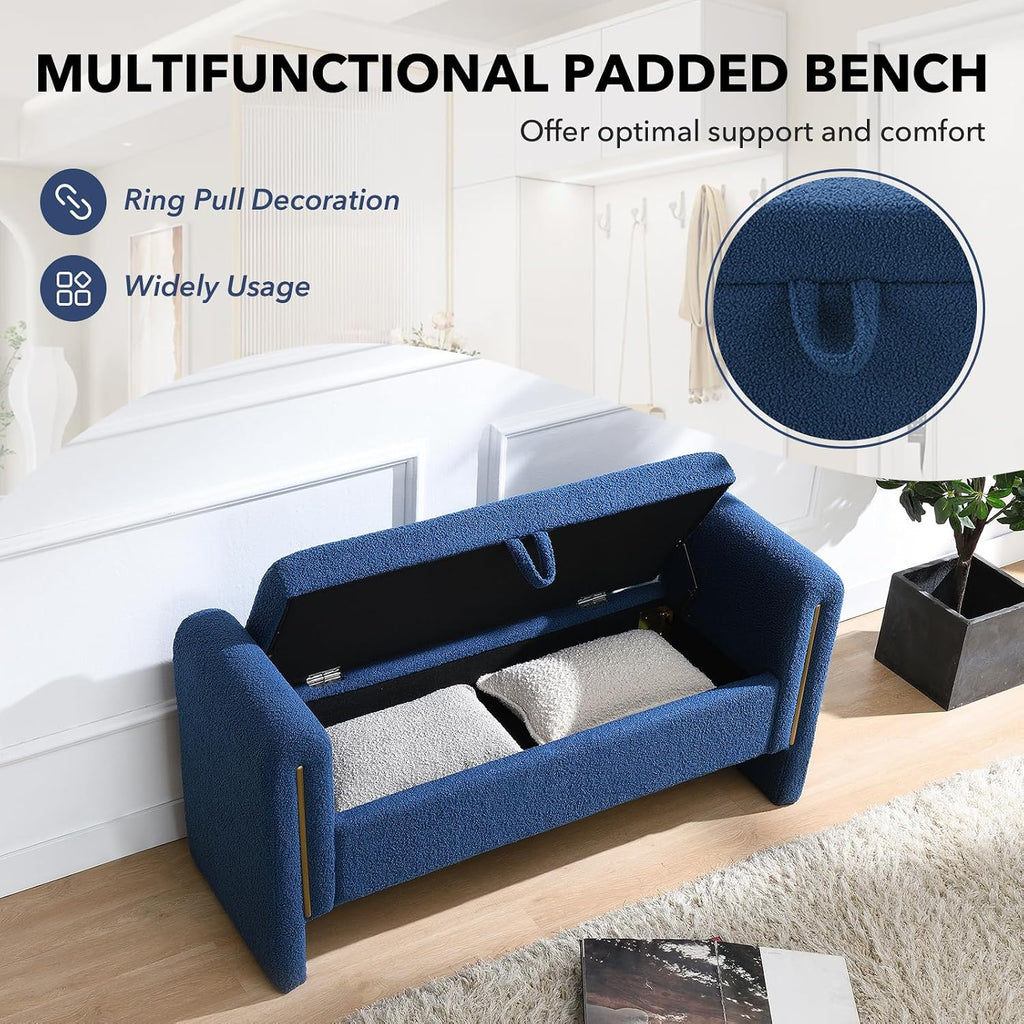 NIOIIKIT 52" Storage Ottoman Bench, Teddy Upholstered Storage Bench with Armrest, Entryway Bench with Pull-Ring, End of Bed Bench, Window Bench for Living Room (Blue)