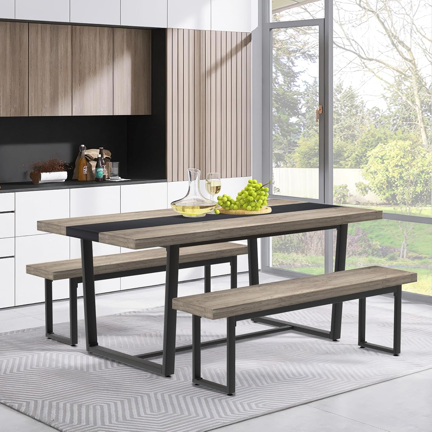 STHOUYN 59” Dining Bench Pair of 2 for 6-8 Person, Farmhouse Indoor Kitchen Table Benches, Bed Bench, Industrial Shoe Bench (Grey 2pcs)