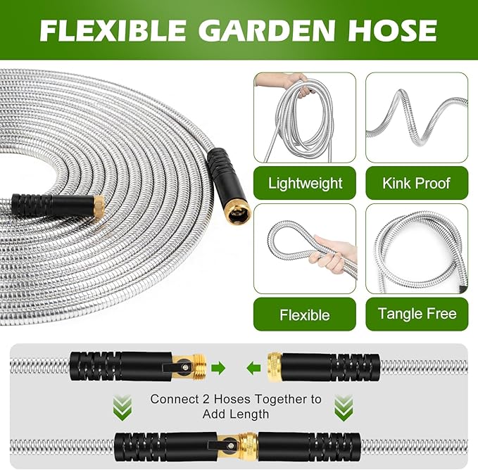 Metal Garden Hose 100 ft Stainless Steel Heavy Duty Water Hose with 10 Function Nozzles Flexible Lightweight Kink-Free Leakproof Sturdy Hoses Pipe 3/4" Brass Fitting for Outdoor Yard Lawn RV