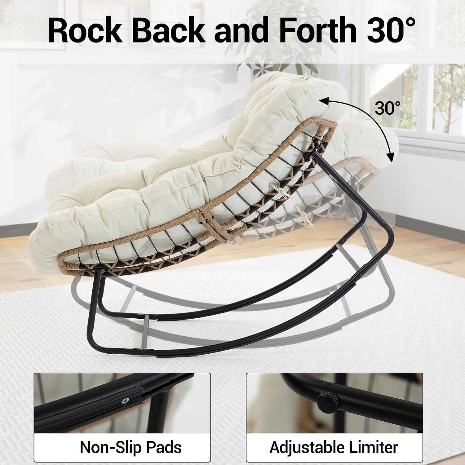 Outdoor Rocking Chair, Oversized Papasan Rocker w/Thick Cushion & Pillow, Indoor Wicker Egg Chairs for Patio Porch Balcony Deck Garden Poolside, Beige