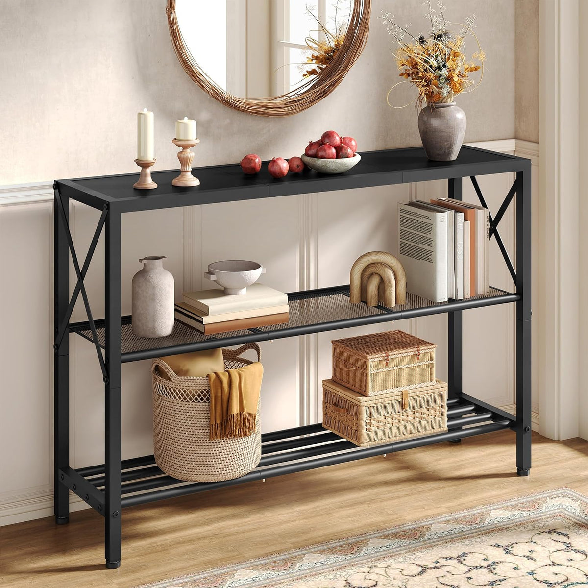 Hoctieon Industrial Console Table, 3 Tier Entryway Table, Hallway Table, Narrow Sofa Table with Shelves, Entrance Table for Entryway, Living Room, Foyer, Hallway, Office, Black
