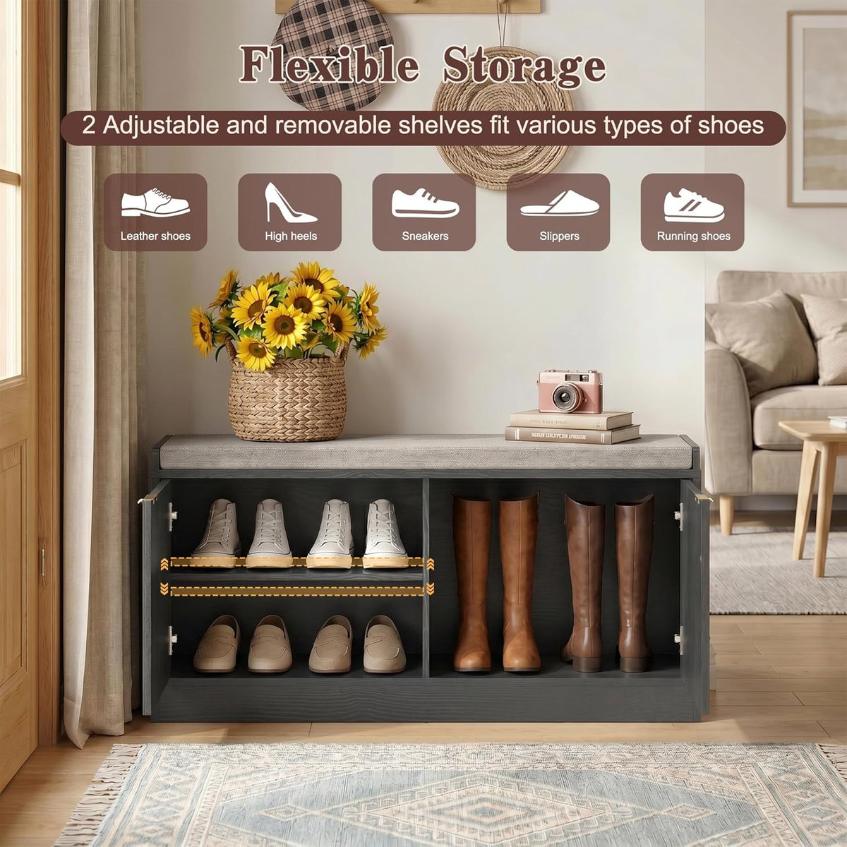 Fluted Shoe Storage Bench with Cushion, 2-Tier Entryway Shoe Bench with Adjustable Shelves, Hidden Shoe Cabinet Bench with 2 Doors for Hallway, Living Room, Bedroom End of Bed,Black