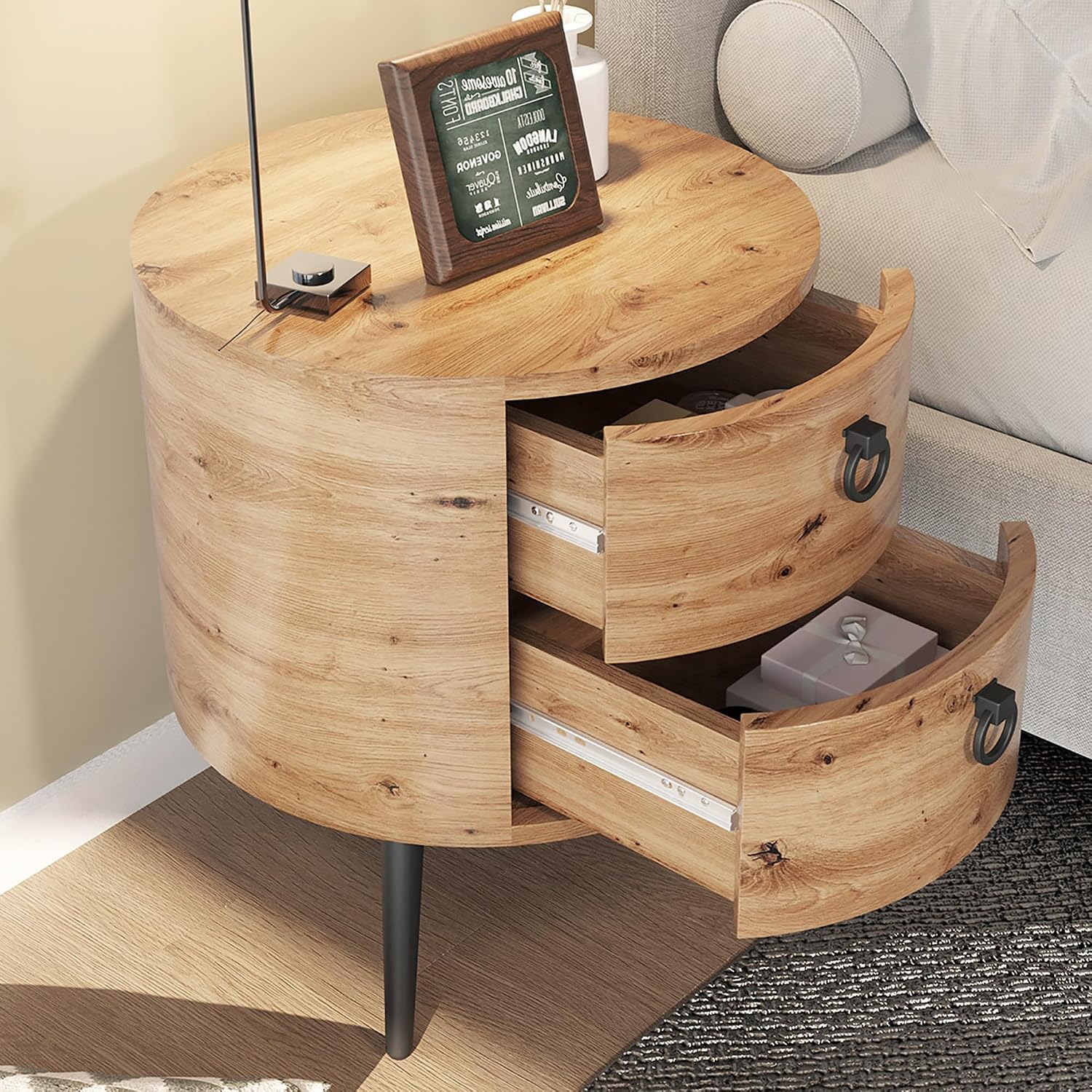 GarveeHome Round Side Table with Drawers Modern Night Stand with Storage Wooden Accent End Table Circle Bedside Table with Metal Legs for Living Room, Bedroom (Natural)