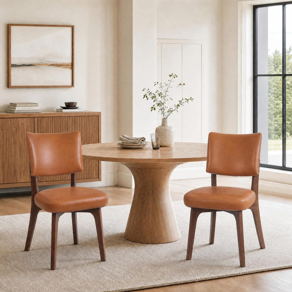 YOUNIKE Wooden Dining Chair, Faux Leather Upholstered Dining Room Chair Kitchen Chair, Mid Century Modern Dinner Chair with Solid Wood Legs for Kitchen Dining Vanity, Brown (Single Pack)