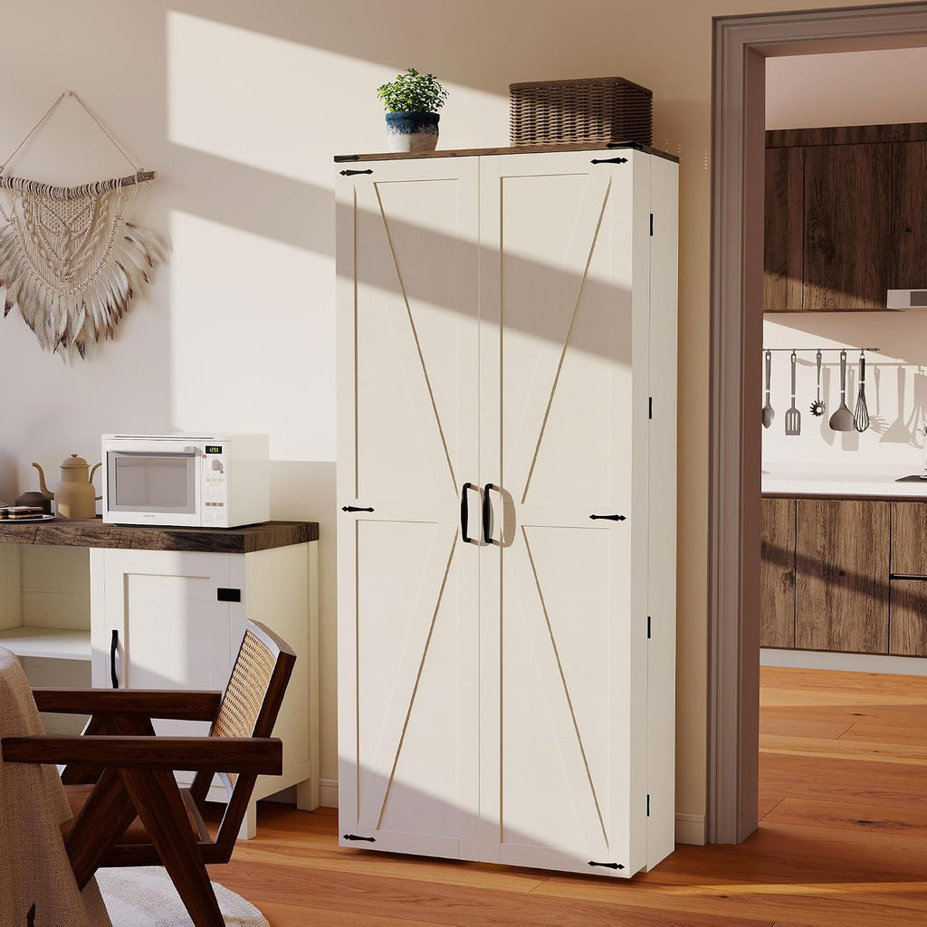 Tall Kitchen Pantry Cabinet, White Wood Storage Cabinet with 2 Doors | Food Pantry Cabinets for Kitchen Storage, Off White Wood Storage Cabinet, Farmhouse Cabinets with Freestanding Cupboard
