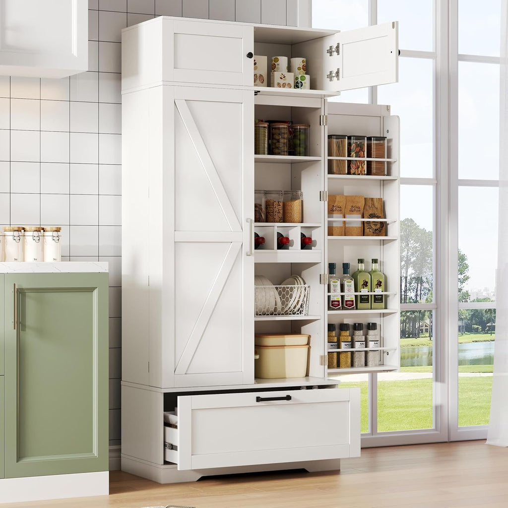 Tall Kitchen Pantry Cabinet, 72" Freestanding Storage Cupboard with Wine Bottle Rack & Adjustable Shelves, Kitchen Storage Cabinet for Dining Room, White
