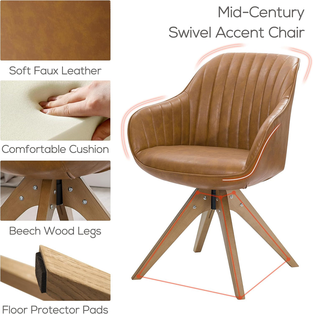 Art Leon Dining Chair - Mid Century Modern Swivel Dining Room Chair, Faux Leather Upholstered Arm Chair with Wood Legs for Living Room, Terracotta