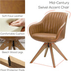 Art Leon Dining Chair - Mid Century Modern Swivel Dining Room Chair, Faux Leather Upholstered Arm Chair with Wood Legs for Living Room, Terracotta
