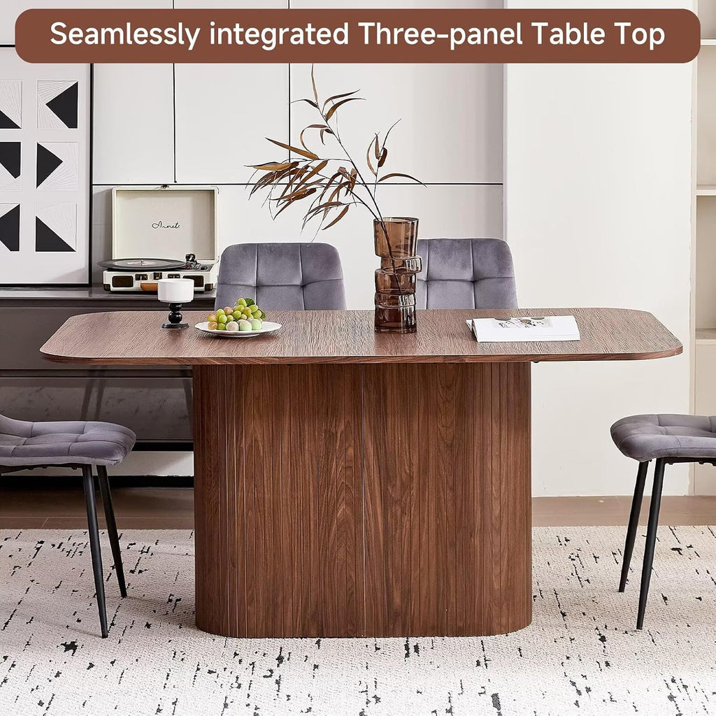 63" Large Dining Table for 4-6 People, Farmhouse Rectangular Modern Kitchen Dinner Table with Rounded Corners & Wood Strip Pedestal Base Rectangular for Dining Room, Brown Grain