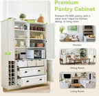 Farmhouse Kitchen Pantry, Sideboard with Power Outlet, Shelves, White | Spacious 53.2"L x 17.7"W x 71"H floor cabinet with 4 foldable doors, built-in power outlet, wine racks, and serving trays