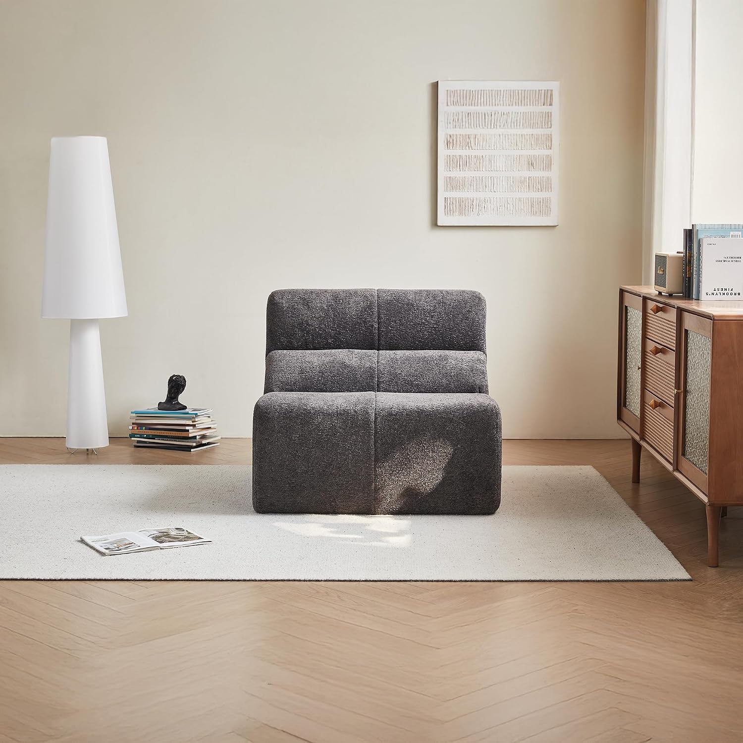 Fireside Chair, Modern Comfy Raindrop Velvet Fabric Bean Bag Chairs, Upholstered Lazy Floor Sofa Relaxing Lounge, Single Armless Lazy Chair for Living Room, Bedroom, Office, Grey