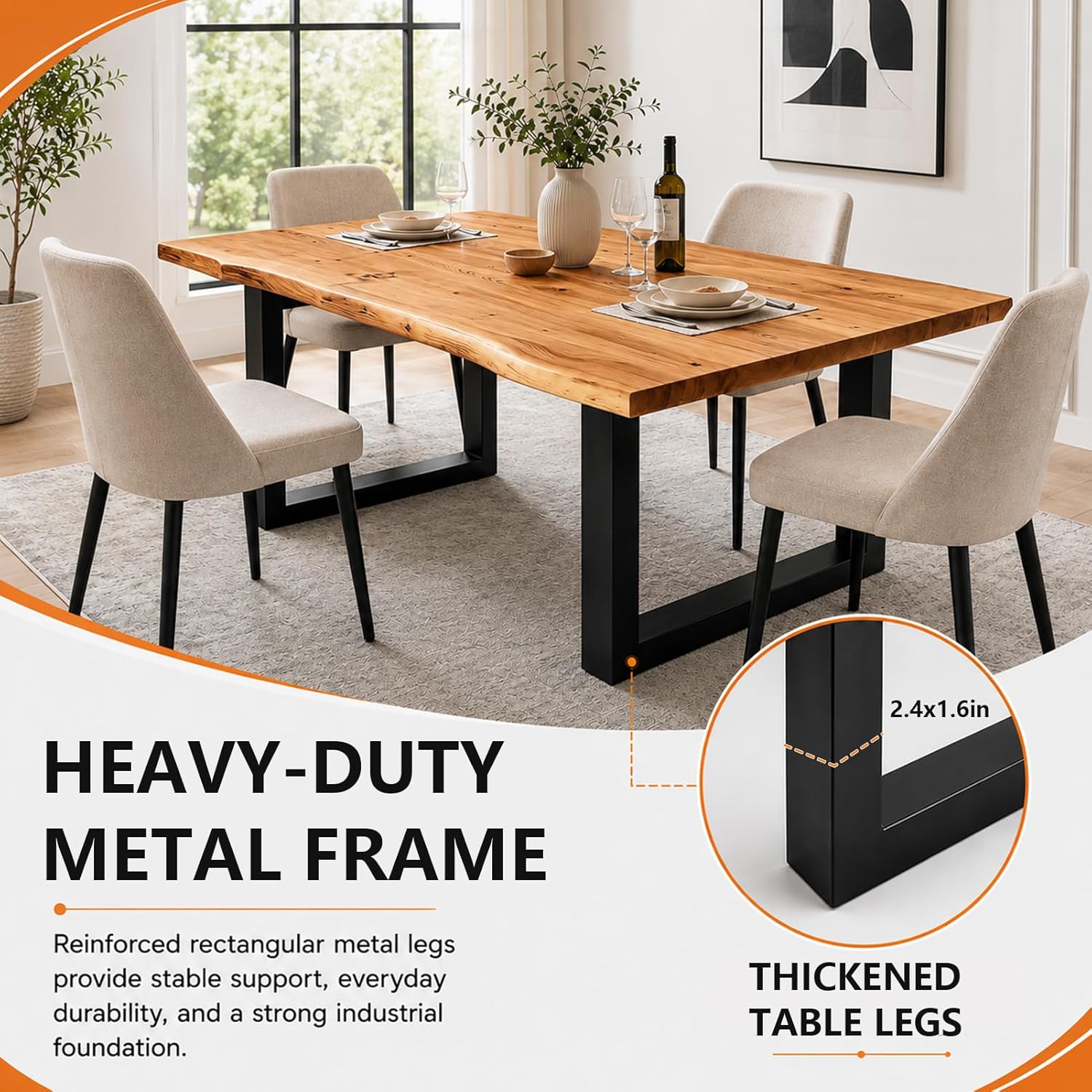 Farmhouse Live Edge Dining Table, Solid Wood Dining Table with 2" Table Top & Metal Base, Wood Slab Industrial Live Edge Desk for Kitchen & Dining Room 2,4,6 People (63 * 31.5 * 29.5IN)