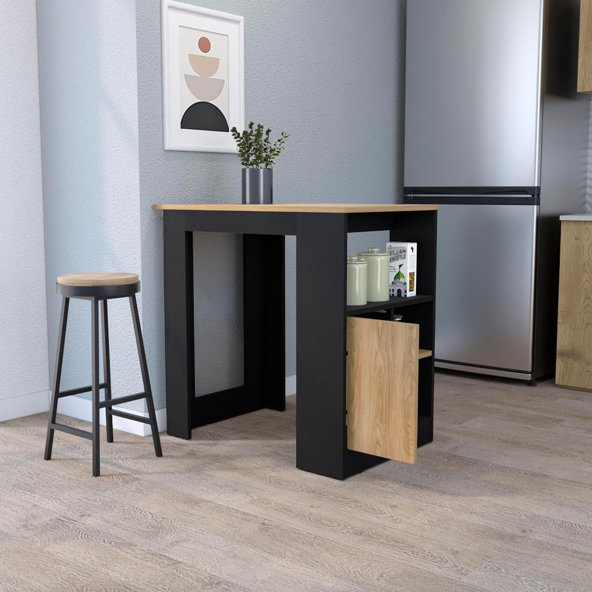 Kitchen Island with Door and Open Storage, Black/Natural Oak | Melamine kitchen island with door and open storage for organized kitchen access