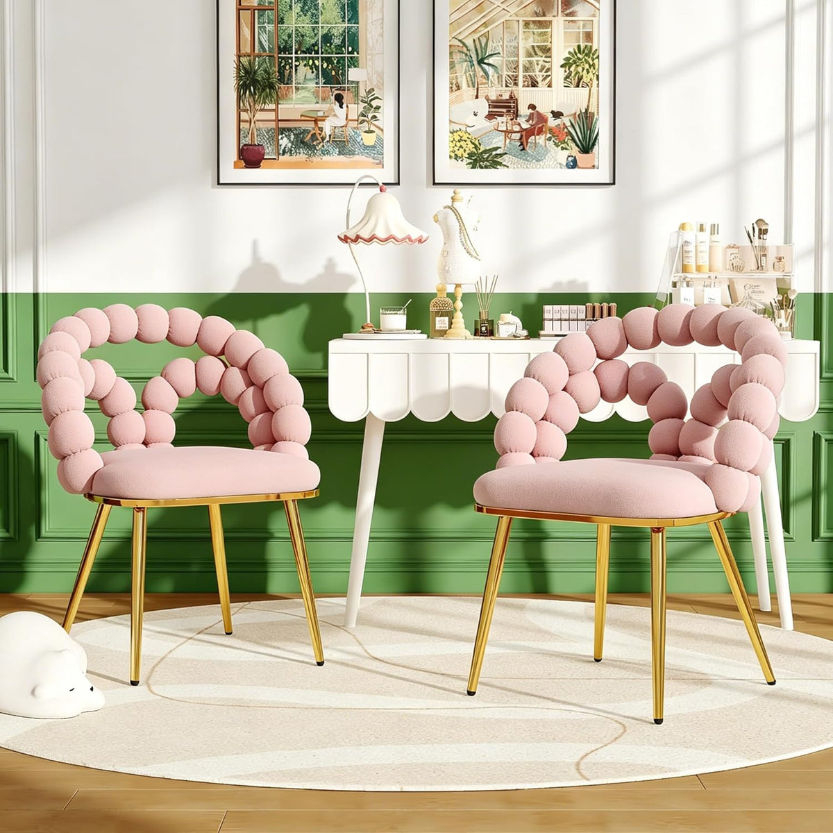 TesNus Velvet Dining Chairs Set of 4, Pink Upholstered Velvet Chairs with Gold Metal Legs, Modern Armchairs with Curved Backrest for Dining Room, Living Room, or Makeup Vanity