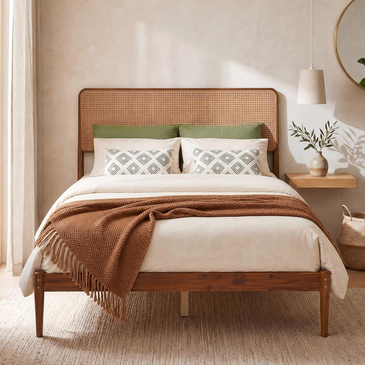 KOMFOTT Queen Size Bed Frame, Wood Platform Bed with PE Rattan Headboard