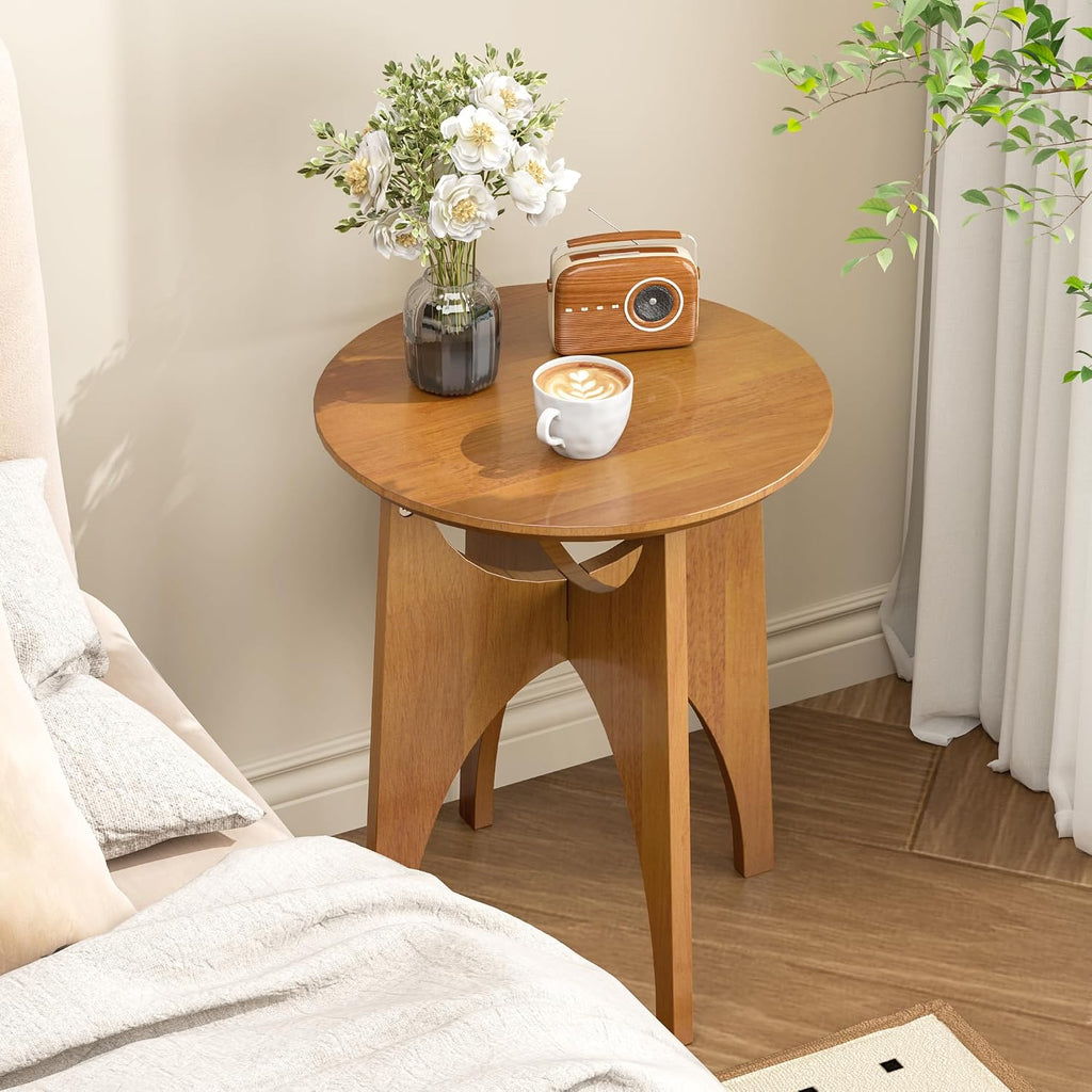 Round Side Table Living Room, Solid Wood End Table, Mid Century Modern Small Coffee Side Tables for Small Spaces, Farmhouse Accent Tables, Round Nightstand for Living Room, Bedroom Office, Walnut