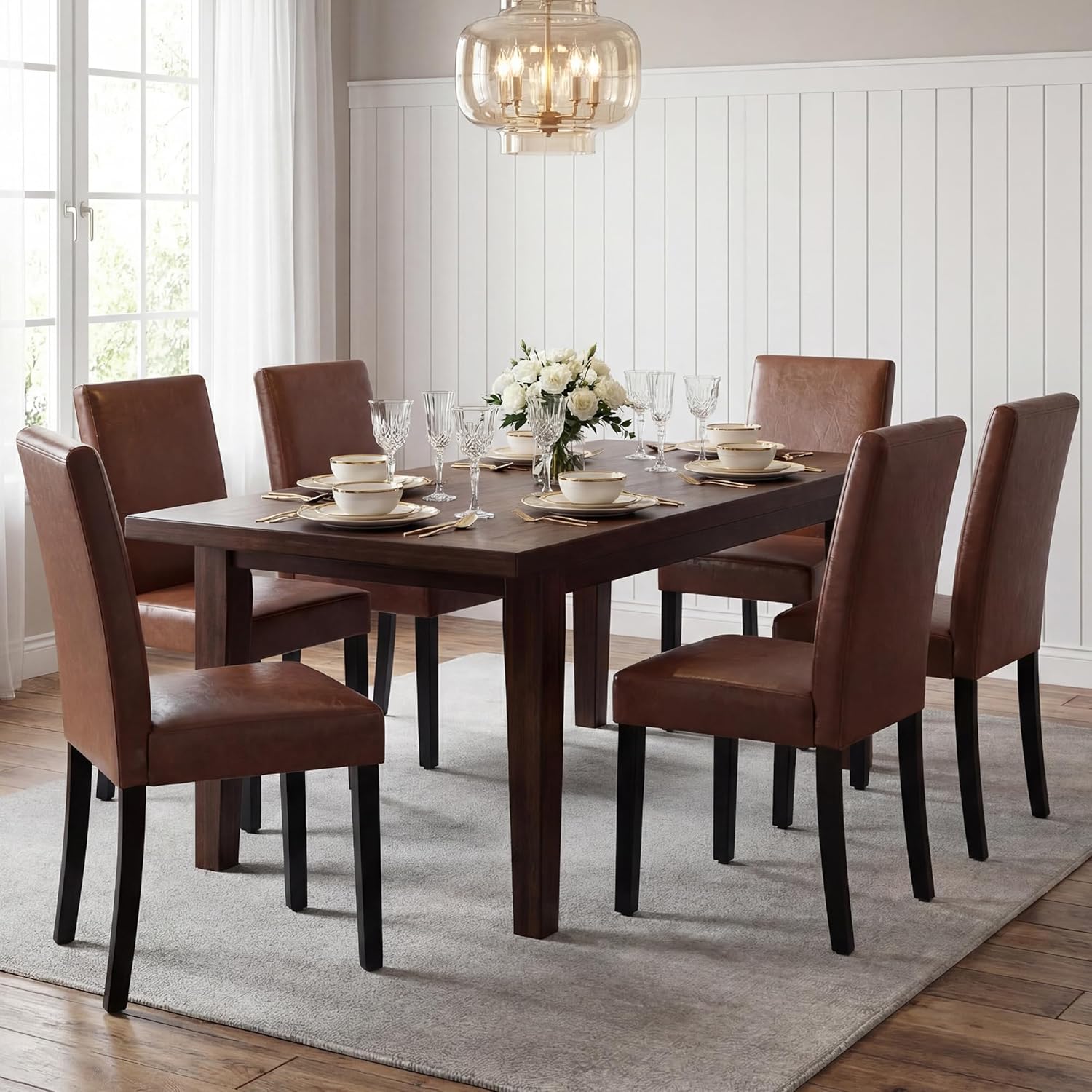 LSSBOUGHT Modern Dining Chair Urban Style Linen Kicthen Chairs with Solid Wood Legs for Dining Room and Restaurant (Brown, Set of 4)