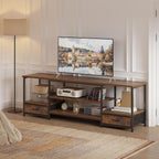 Sweetcrispy 63" TV Stand with Fabric Drawers for 65 70 75 Inch TVs | Entertainment Center with Open Shelves & Metal Frame & Charging Station for Living Room, Bedroom, Brown