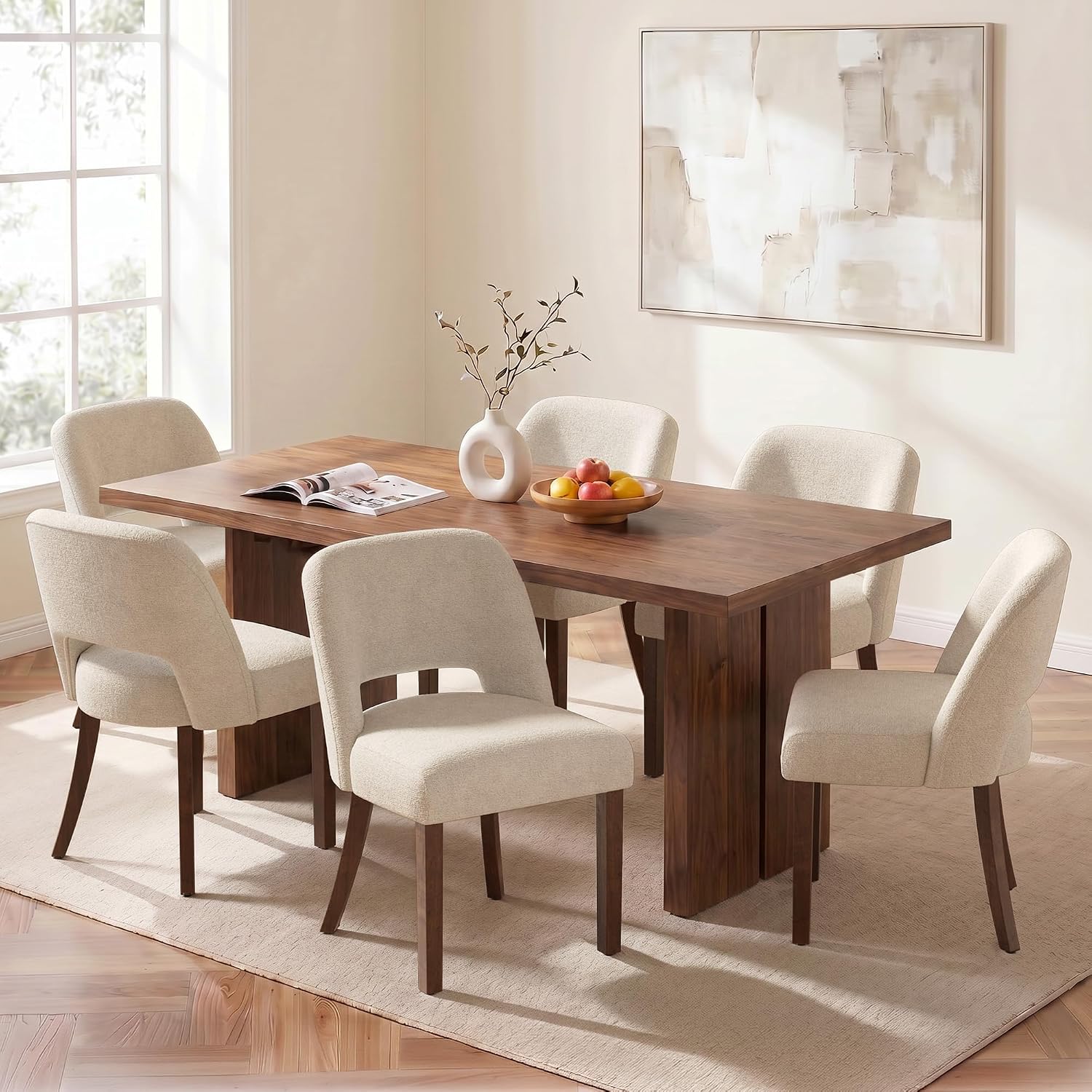 Usaint Wooden Dining Chairs Set of 4, Modern Upholstered Dining Room Chair Kitchen Chairs with Ergonomic Curved Backrest for Kitchen and Restaurant, Beige
