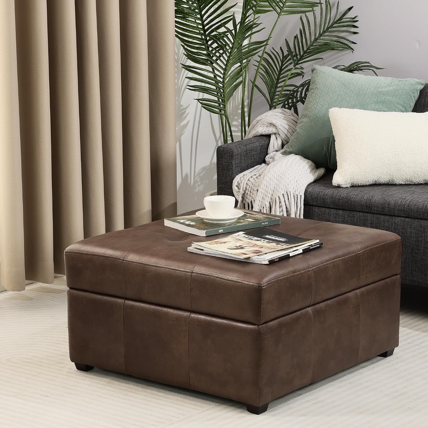 Homebeez 28" Faux Leather Storage Ottoman Bench, Button Tufted Ottoman | Square Coffee Table Ottoman with Wooden Legs for Living Room Bedroom, Mottled Brown